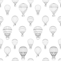 Graphic seamless pattern with hot air balloons. Hand drawn vector illustration for wrapping, scrapbooking, textile, wallpaper, fabric and another print.