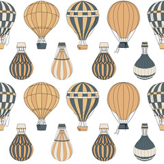 Vector seamless pattern with different soft shades hot air balloons. Hand painted illustration for texture, wrapping paper, greeting cards, textiles, fabric, decoration and wallpaper for kids room