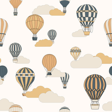 Vector seamless pattern with different soft shades hot air balloons and clouds. Hand painted illustration for wallpaper for kids room, curtains, texture, wrapping paper, textiles, fabric, decoration.