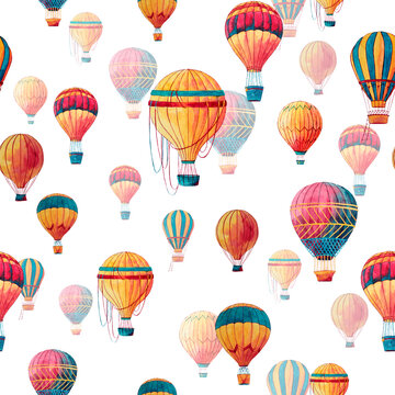 Watercolor bright seamless pattern with different hot air balloons. Hand painted watercolor texture for wrapping paper, greeting cards, textiles, fabric, decoration and wallpaper for kids room