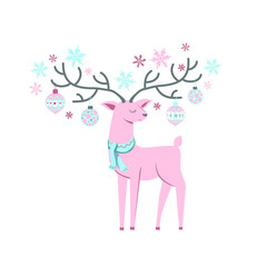 beautiful decorative New Year's deer with huge horns decorated with Christmas and New Year's toys. Isolated vector animal