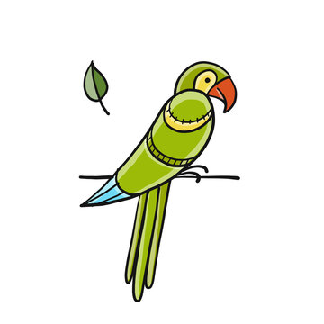 Art green parrot isolated on white. Icon for your design