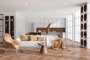 Front view on bright studio interior with island with barstools