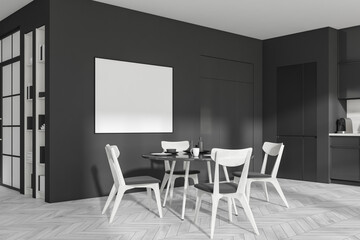 Corner view on dark kitchen interior with empty white poster