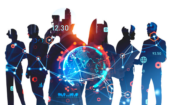 Silhouettes of business people working together. City skyscraper