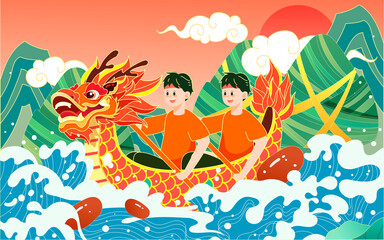 Dragon boat race in the river on the Dragon Boat Festival with waves and mountain peaks in the background, vector illustration