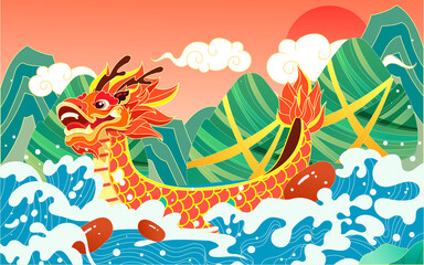 Fototapeta na wymiar Dragon boat race in the river on the Dragon Boat Festival with waves and mountain peaks in the background, vector illustration