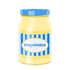 Cartoon jar with mayonnaise. Bottle with cheese sauce. Plastic pack. Vector jar isolated on a white background for app, games, banner, menu fast food restaurants.
