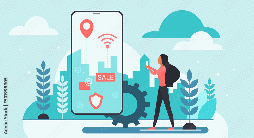 Poster virtual reality and ar technology. tiny woman with application icons and information on phone screen