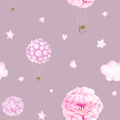 Watercolor baby seamless pattern with pink hot air balloon flowers, clouds and stars