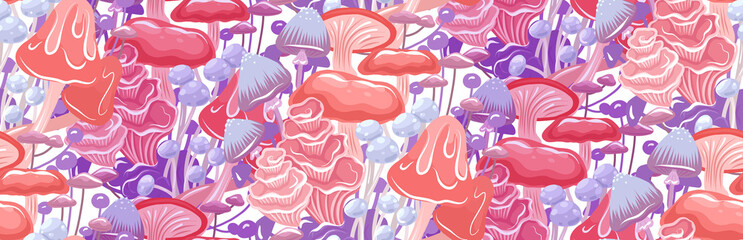 Magic seamless pattern with tight psychedelic mushrooms. Vector texture with tangled natural neon fungus on a white background for wallpaper © veleri_kz