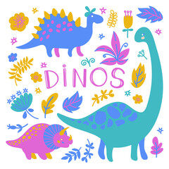 DINOSAURS Prehistoric Animals And Floristic Plants In Hand Drawn Flat Design Cartoon Elements Cute Colorful Vector Illustration Collection For Print