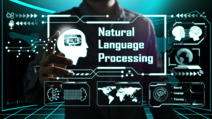 The business man hand press finger to activate the brain of natural language processing or nlp in the virtual room of technology.