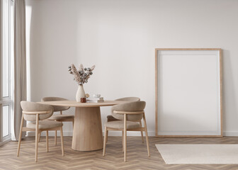 Empty vertical picture frame standing on parquet floor in modern living room. Mock up interior in scandinavian, boho style. Free, copy space for picture. Table, chairs, pampas grass. 3D rendering.