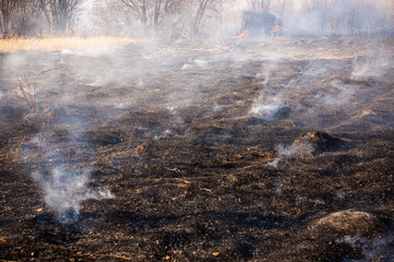 a fire in a dry field in early spring and the smoke left on the burnt out place, the front and back backgrounds are blurred with a bokeh effect