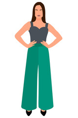 Young slim stylish girl in fashionable suit standing. Adult grown model. Isometric flat style.