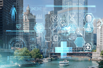 Panorama cityscape of Chicago downtown and Riverwalk, boardwalk with bridges at day time, Illinois, USA. Health care digital medicine hologram. The concept of treatment and disease prevention