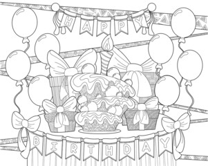 Happy birthday coloring page. Coloring poster in doodle style.