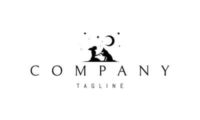 Vector logo on which an abstract image of a girl with her dog against the background of the night sky.