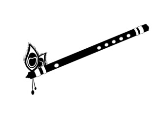 Beautiful wooden flute with peacock feathers vector isolated. Lord Krishna flute. Air blow musical instrument. 