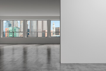 Panoramic picturesque city view of Boston at day time from modern empty room, Massachusetts. An intellectual and political center. Mockup copy space empty wall. Display concept. 3d rendering.