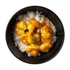 Isolated bowl of asian dish with curry shrimp and rice on white background