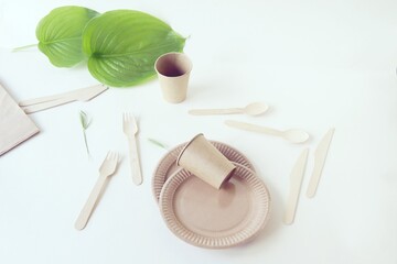 Eco-friendly disposable tableware from natural materials and green leaves on a light background, the concept of ecology, zero waste, lifestyle