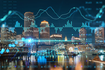Fototapeta na wymiar City view panorama of Boston Harbor and Seaport Blvd at night time, Massachusetts. Financial downtown. Glowing FOREX graph hologram. The concept of international trading and fundamental analysis