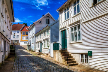 Fototapeta na wymiar Beautiful Cobbled Street in the Southern Norwegian Town Mandal