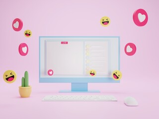 Blue computer monitor live online, keyboard, mouse, pink background,icon love  laugh, 3d rendering.
