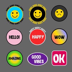 Stickers and inscriptions are hand-drawn, funny, stylish emoticons. Retro emoticons are different. A set of stripes pop. Wow, excellent, incredible, ok, happiness, hello, good mood.