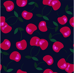 Ripe cherry pattern. Cherries on a dark blue background
