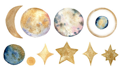 Set of colorful planets, stars isolated on white background. Watercolor hand drawn abstract planet balls. . High quality illustration - obrazy, fototapety, plakaty