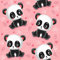 seamless pattern with cute pandas in cartoon style. illustration for children, wrapping paper, textile
