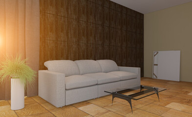 Elegant office interior. Mixed media. 3D rendering.. Sunset.