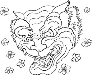 Traditional tiger vector illustration for sticker or tattoo design on background.Chinese tiger cartoon style.Hand drawn Japanese tiger for printing on t-shirt on red background.