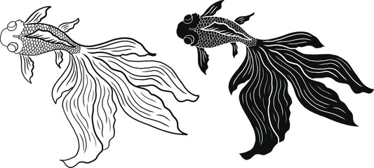 Beautiful line art of gold fish vector illustration.Koi fish for printing on shirt on white isolated background.