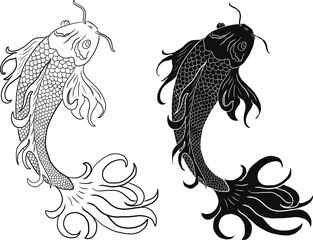 Beautiful line art of gold fish vector illustration.Koi fish for printing on shirt on white isolated background.