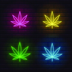 Collection of colorful bright neon weed leaf icons. Editable color and brightness. Different thickness. Transparent glow. Brickwall background - obrazy, fototapety, plakaty