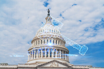 Fototapeta na wymiar Capitol dome building exterior, Washington DC, USA. Home of Congress, Capitol Hill. American political system. Glowing hologram legal icons. The concept of law, order, regulations and digital justice