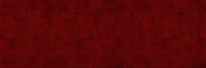 Bloody red old cracked concrete wall wide panoramic texture. Dark scarlet color gloomy large backdrop. Abstract grunge sinister banner background