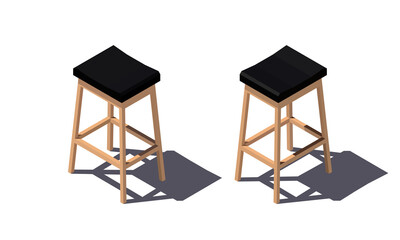 Isometric low poly black bar chair with wooden legs. Vector illustration