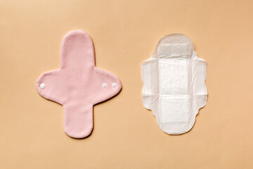 set of colorful bright reusable menstrual pads. zero waste woman periods concept top view with copy space