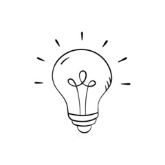 Bulb ligh in doodle style, vector illustration. Hand drawn idea icon, isolated element on white background. Lightbulb graphic symbol for print and design