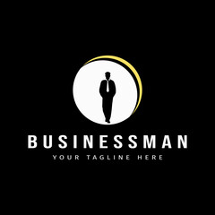 An inspiration for a successful entrepreneur logo design. Young successful businessman silhouette logo design inspiration with circle frame - obrazy, fototapety, plakaty