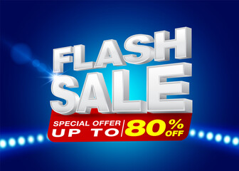 Flash Sale Shopping Template 3D Text On Dark Blue Background Up to 80% discount. Designed for social media and websites. Campaigns or promotions, special offers.