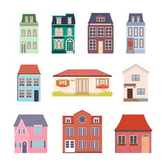 Fototapeta premium Set of different houses. Town and seaside buildings flat design. Collection of vintage and Victorian houses, stores isolated on white background. Vector illustration.