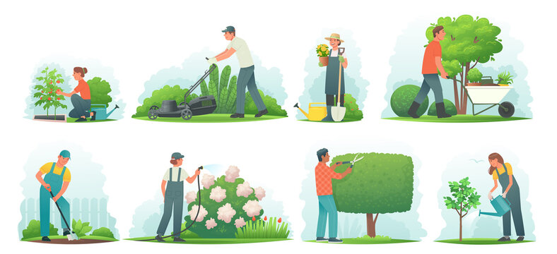 People are gardening. Men and women plant vegetables, water and tend and harvest. Gardeners mow lawns and bushes, plant flowers