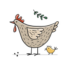 Funny Chicken character with chick isolated on white. Icon for your design