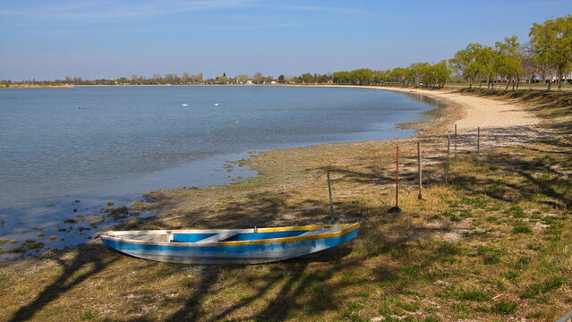 Landscape with a boat at Zicksee in Burgenland,Austria,Europe

